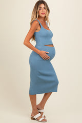 Blue Ribbed Square Neck Sleeveless Crop Maternity Skirt Set