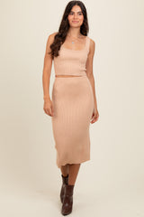 Taupe Ribbed Square Neck Sleeveless Crop Skirt Set