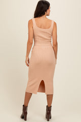 Taupe Ribbed Square Neck Sleeveless Crop Skirt Set