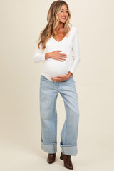 Light Blue Cuffed Relaxed Wide Leg Maternity Jeans