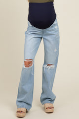 Light Blue Distressed Open Knee Flare Maternity Jeans