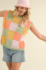 Sage Orange Multi Colorful Checkered Sweater Vest