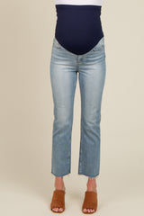 Blue Fringe Hem Cropped Slim Straight  Maternity Jeans