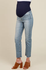 Blue Fringe Hem Cropped Slim Straight  Maternity Jeans