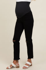 Black Cut Hem Open Knee Straight Leg Maternity Jeans