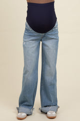 Light Blue Cuffed Baggy Wide Leg Maternity Jeans