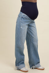 Light Blue Cuffed Baggy Wide Leg Maternity Jeans