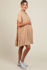 Mocha Striped Button Front Maternity Dress