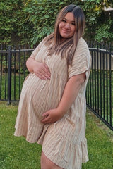 Mocha Striped Button Front Maternity Dress