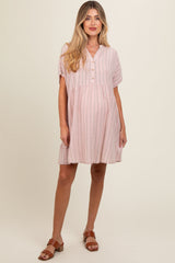 Light Pink Striped Button Front Maternity Dress