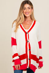 Red Colorblock Button Down Maternity Cardigan