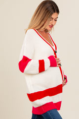 Red Colorblock Button Down Maternity Cardigan