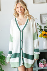 Olive Green Colorblock Button Down Cardigan