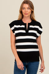 Black Striped Split Collar Knit Maternity Top