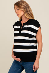 Black Striped Split Collar Knit Maternity Top