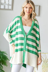 Green Textured Knit Striped Oversized Cardigan