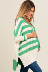 Green Textured Knit Striped Oversized Maternity Cardigan