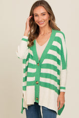 Green Textured Knit Striped Oversized Cardigan