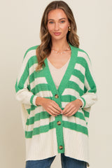 Green Textured Knit Striped Oversized Cardigan