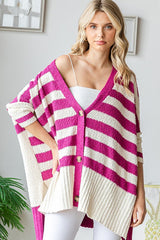 Magenta Textured Knit Striped Oversized Cardigan