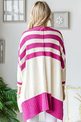 Magenta Textured Knit Striped Oversized Cardigan