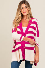 Magenta Textured Knit Striped Oversized Maternity Cardigan