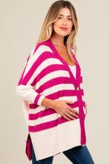 Magenta Textured Knit Striped Oversized Maternity Cardigan