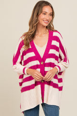 Magenta Textured Knit Striped Oversized Maternity Cardigan