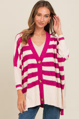 Magenta Textured Knit Striped Oversized Cardigan