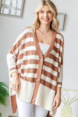 Mocha Textured Knit Striped Oversized Cardigan