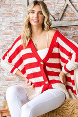 Red Textured Knit Striped Oversized Maternity Cardigan