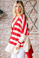 Red Textured Knit Striped Oversized Cardigan