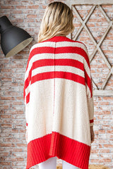 Red Textured Knit Striped Oversized Cardigan