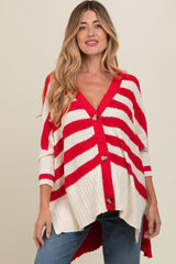 Red Textured Knit Striped Oversized Maternity Cardigan