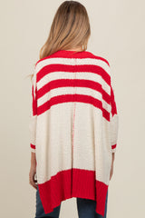 Red Textured Knit Striped Oversized Maternity Cardigan