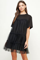 Black Tulle Overlay Tiered Mini Dress