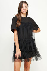 Black Tulle Overlay Tiered Mini Dress