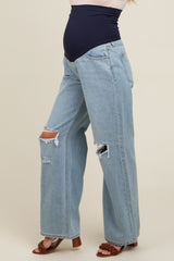 Light Blue Open Knee Relaxed Wide Leg Maternity Jeans