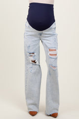 Light Blue Distressed Open Knee Wide Leg Maternity Jeans