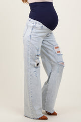 Light Blue Distressed Open Knee Wide Leg Maternity Jeans