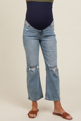 Blue Open Knee Ankle Straight Leg Maternity Jeans