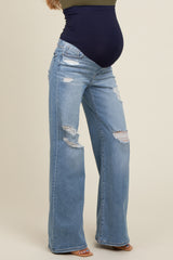 Light Blue Distressed Knee Wide Leg Maternity Jeans