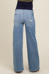 Light Blue Distressed Knee Wide Leg Maternity Jeans