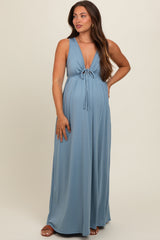 Blue Front Tie Cutout Sleeveless Maternity Maxi Dress