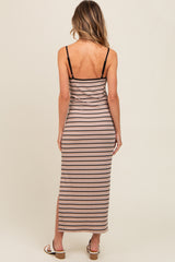 Mocha Striped Ribbed Adjustable Strap Body Con Dress