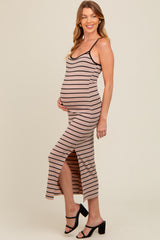 Mocha Striped Ribbed Adjustable Strap Body Con Maternity Dress