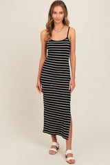 Black Striped Ribbed Adjustable Strap Body Con Maternity Dress