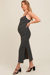 Black Striped Ribbed Adjustable Strap Body Con Maternity Dress