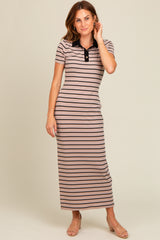 Mocha Striped Collared Side Slit Maxi Dress