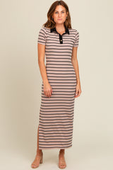 Mocha Striped Collared Side Slit Maxi Dress